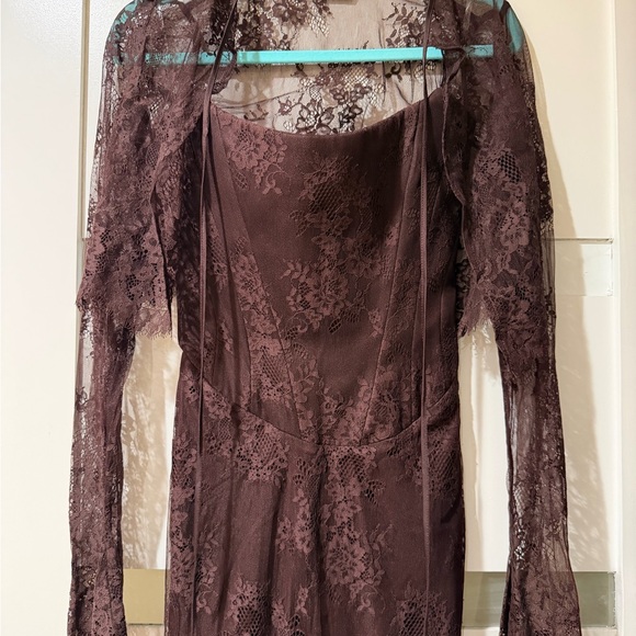 House of CB Dark Brown Lace Long Sleeve Midi Dress - Picture 5 of 11